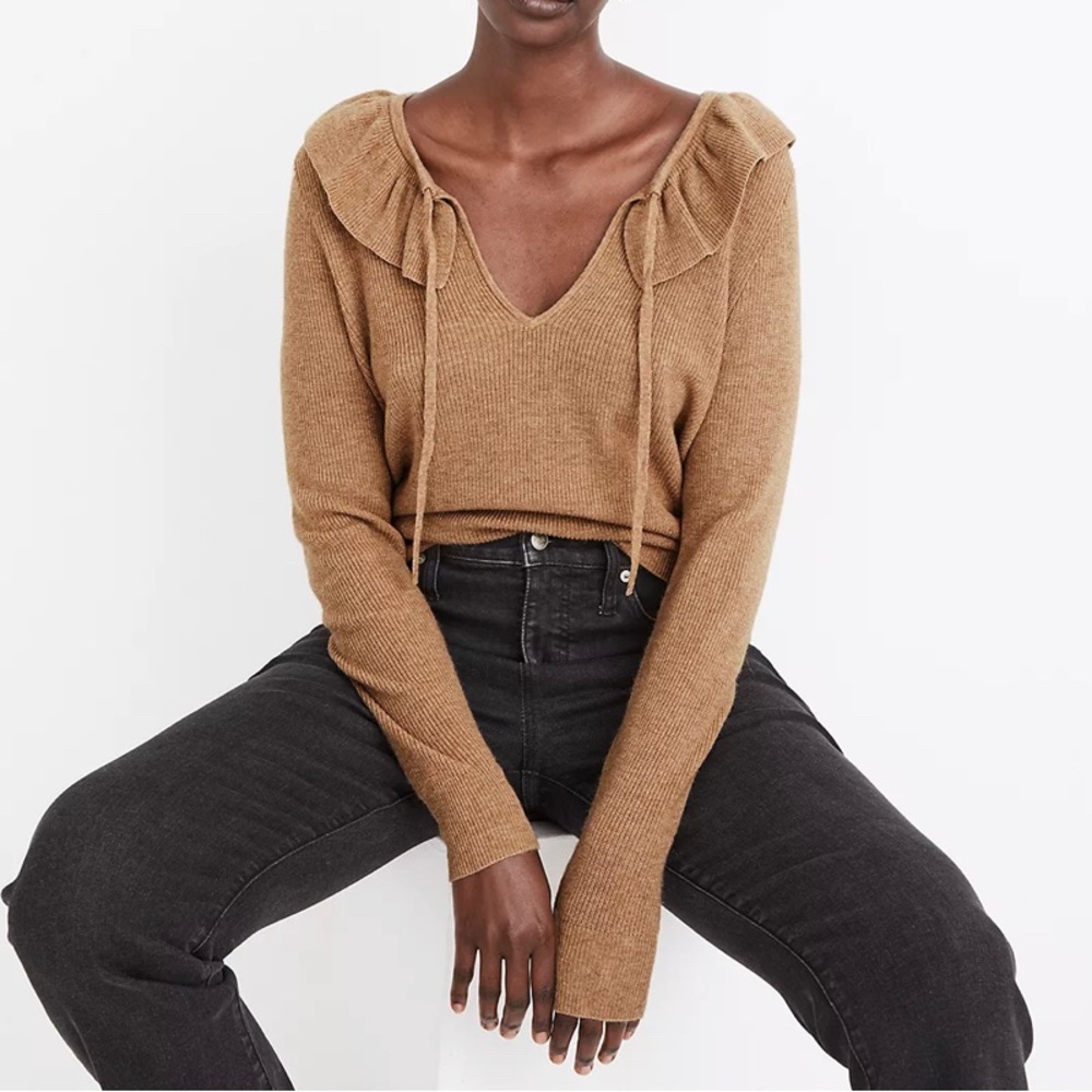 Madewell Tie-Neck Ruffle Pullover Sweater | Size Small